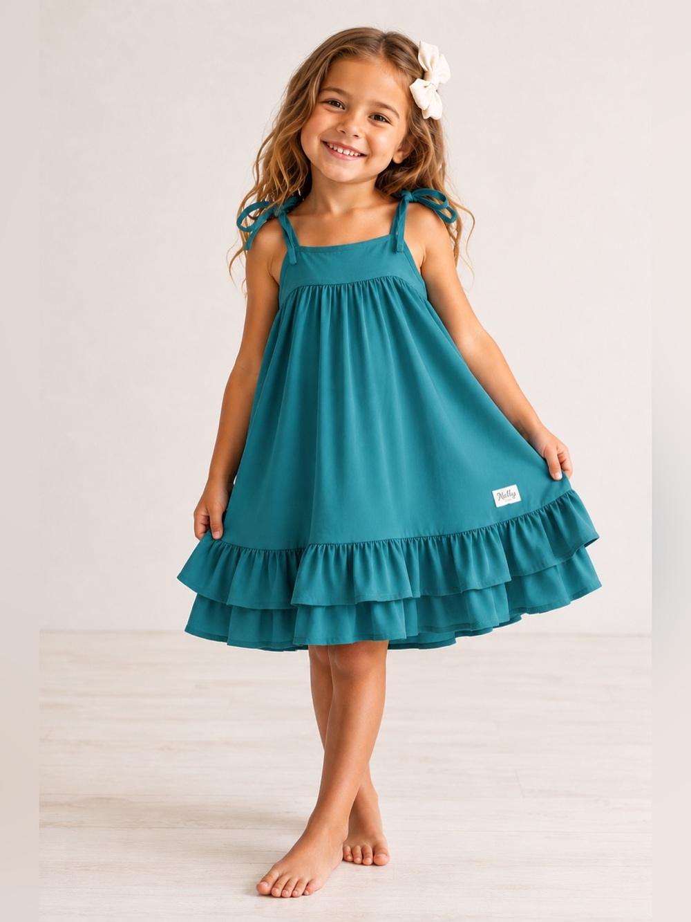 Nelly Madison Hannah Blue Teal Ruffle Tie-Shoulder Dress